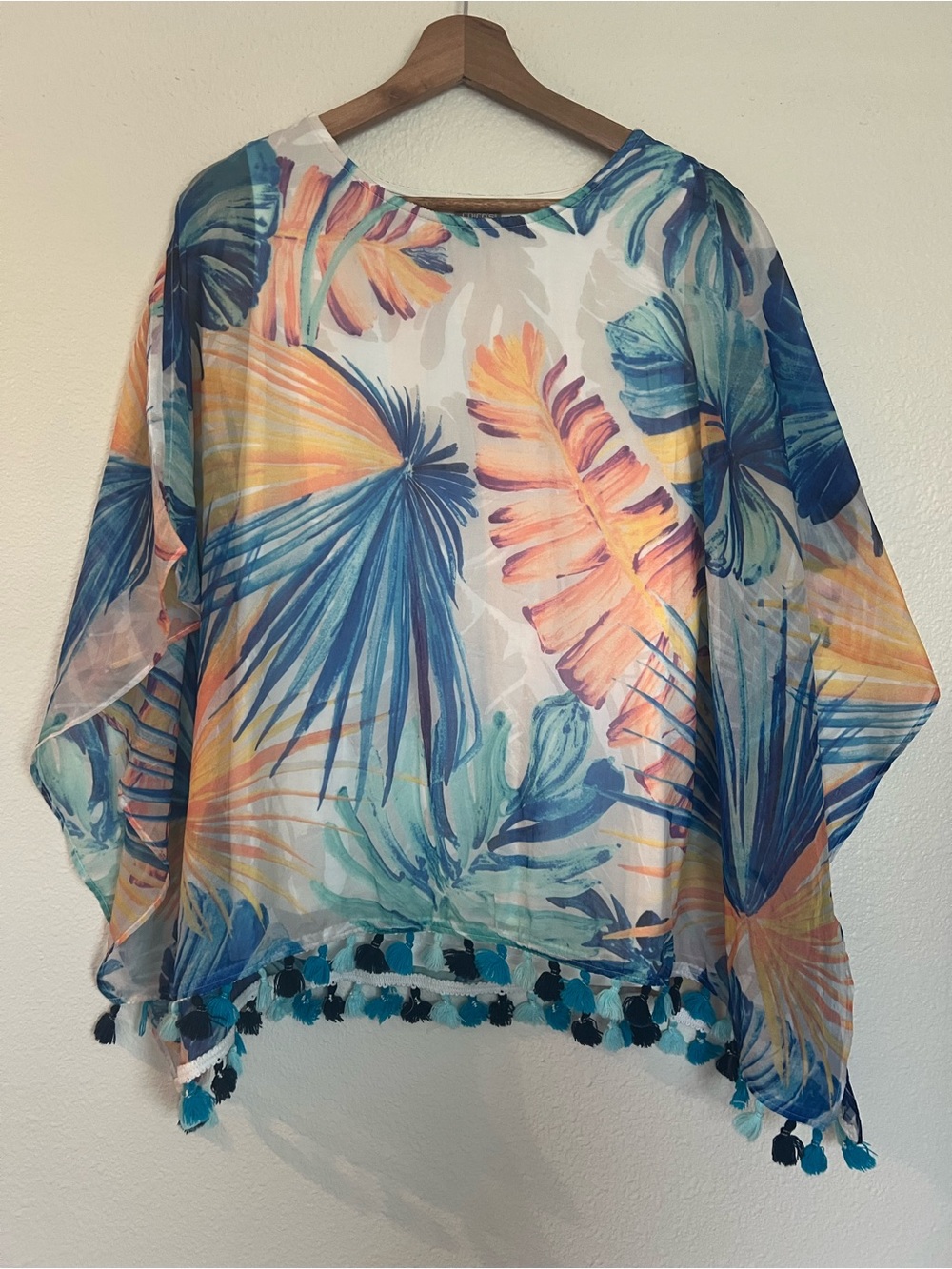 Chico's Sheer Tropical Leaf Poncho in Blue, Teal, Yellow, Peach